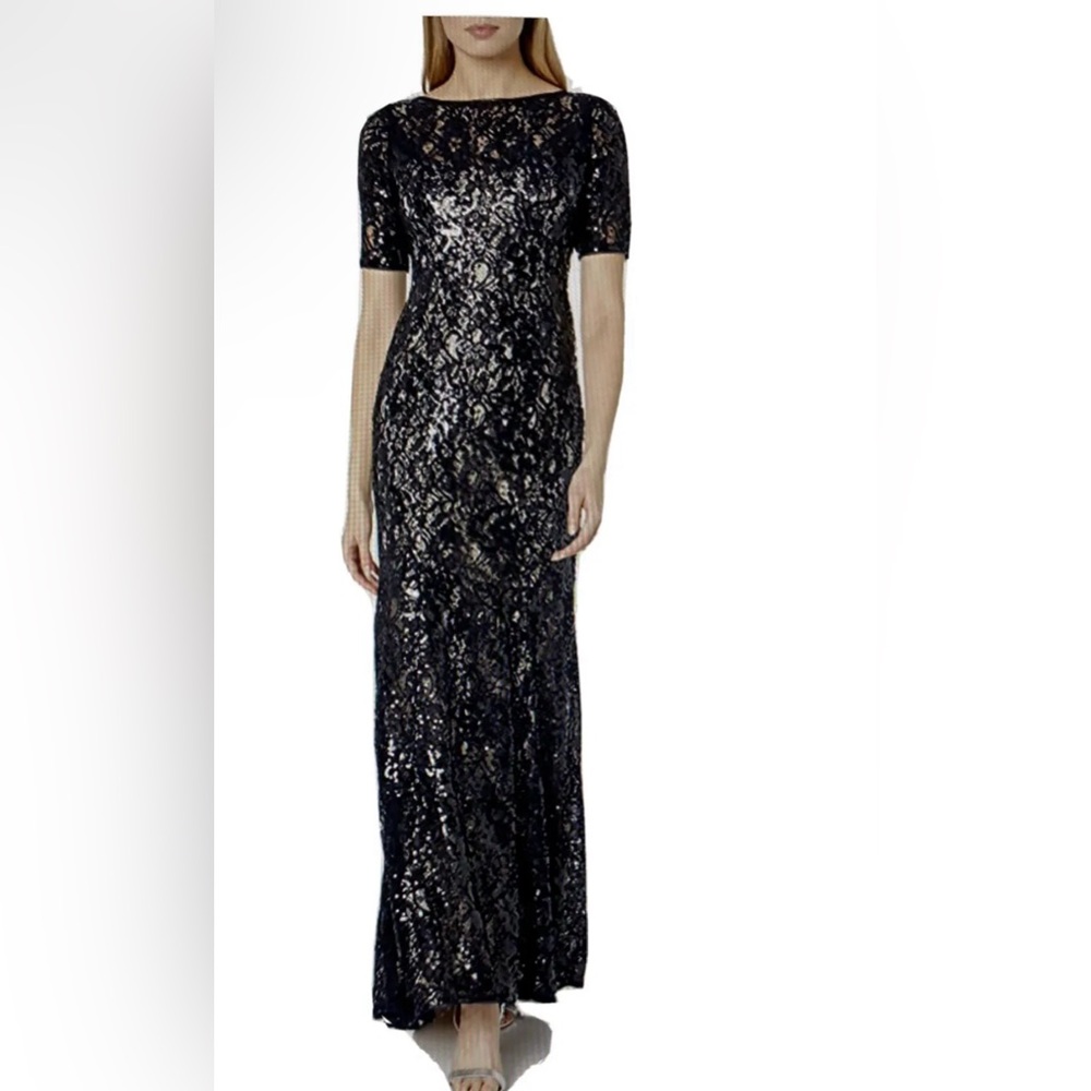 Adrianna Papell Midnight Blue Nude Sequin Lace Mermaid Gown 6P  B9‎